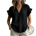 Bohemian v-neck short sleeve blouse in black with ruffled sleeves made from lightweight fabric