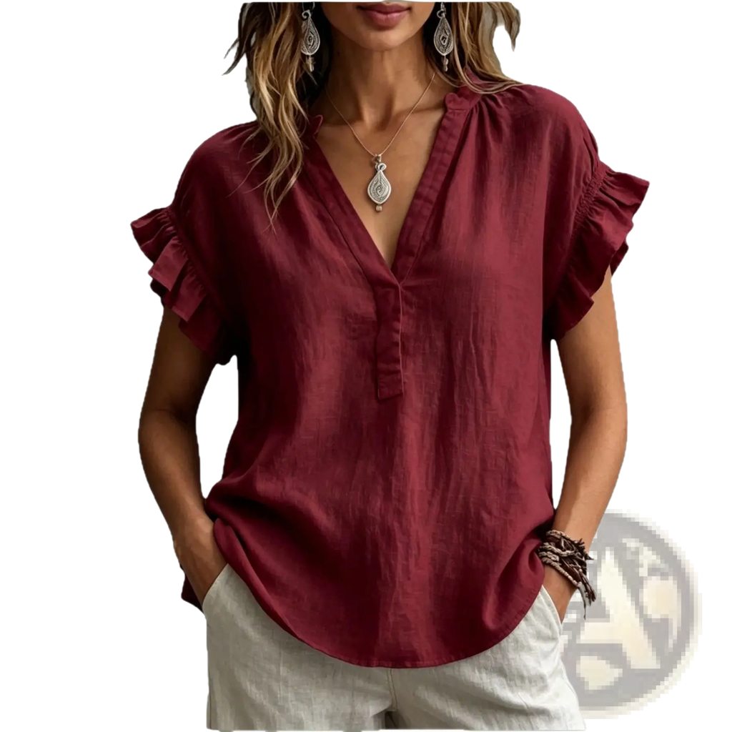 A soft maroon bohemian v-neck blouse with ruffled short sleeves perfect for casual wear