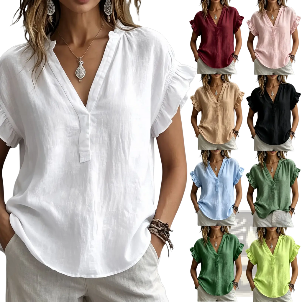 White ruffled bohemian v-neck short sleeve blouse with button placket ideal for casual summer wear