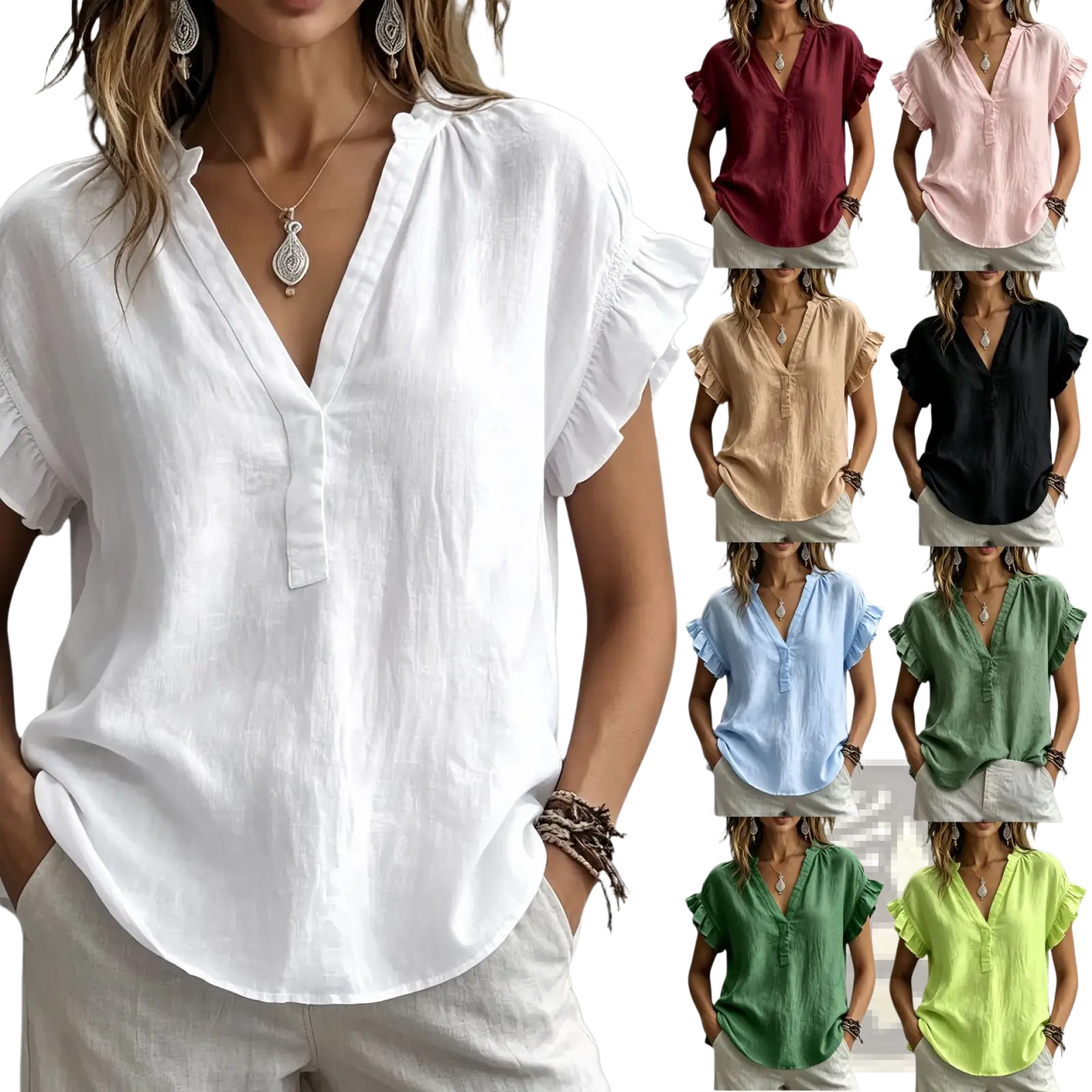 White ruffled bohemian v-neck short sleeve blouse with button placket ideal for casual summer wear