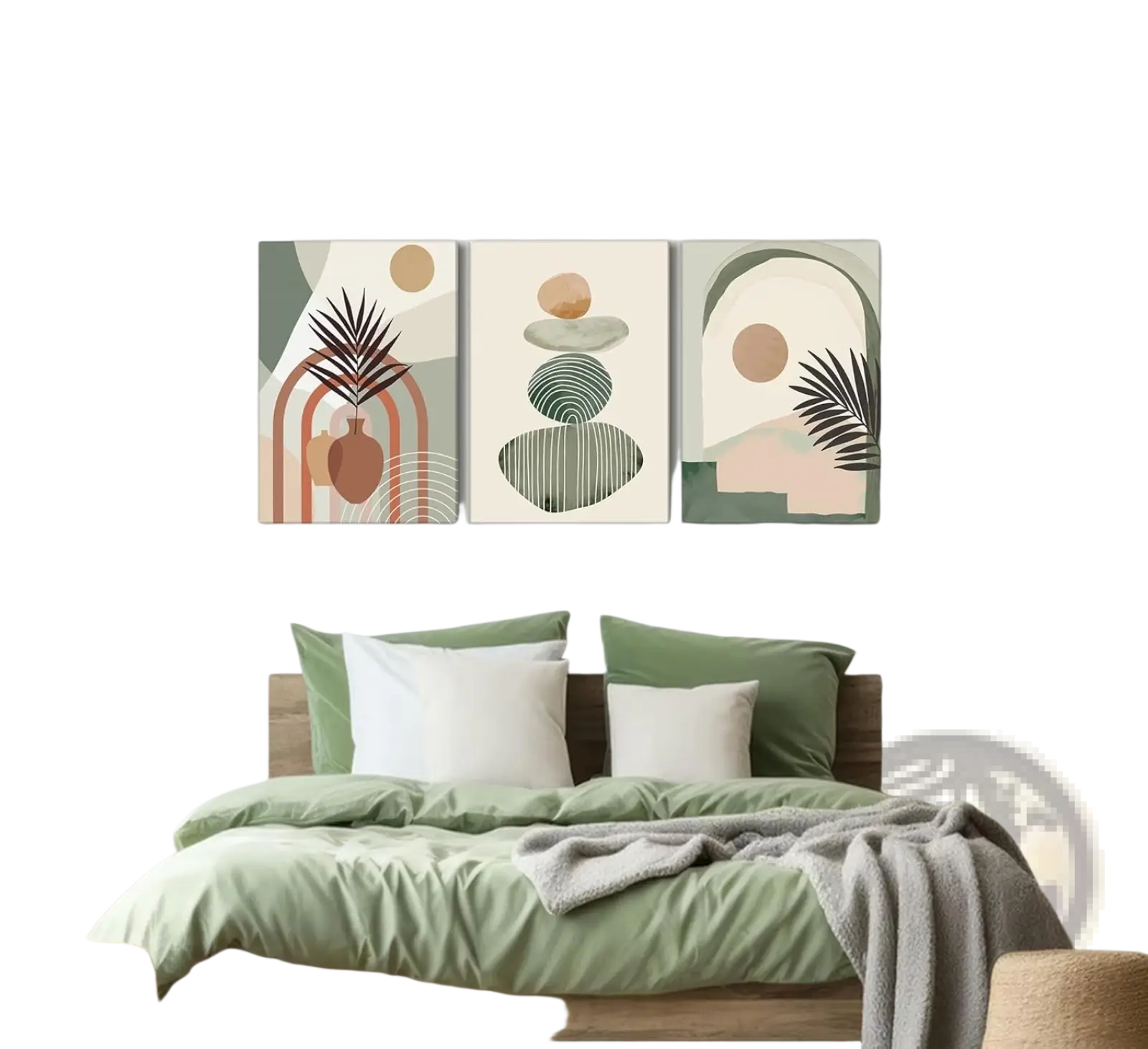 Boho abstract botanical canvas wall art set of three panels with geometric shapes and muted earth tones 12x16in