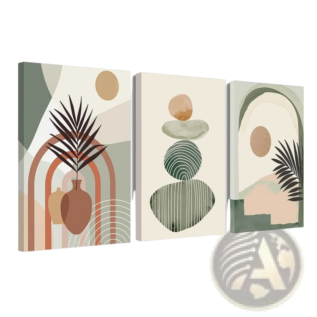 Set of three modern boho abstract botanical canvas prints with earthy tones and geometric shapes 12x16in