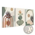 Set of three modern boho abstract botanical canvas prints with earthy tones and geometric shapes 12x16in