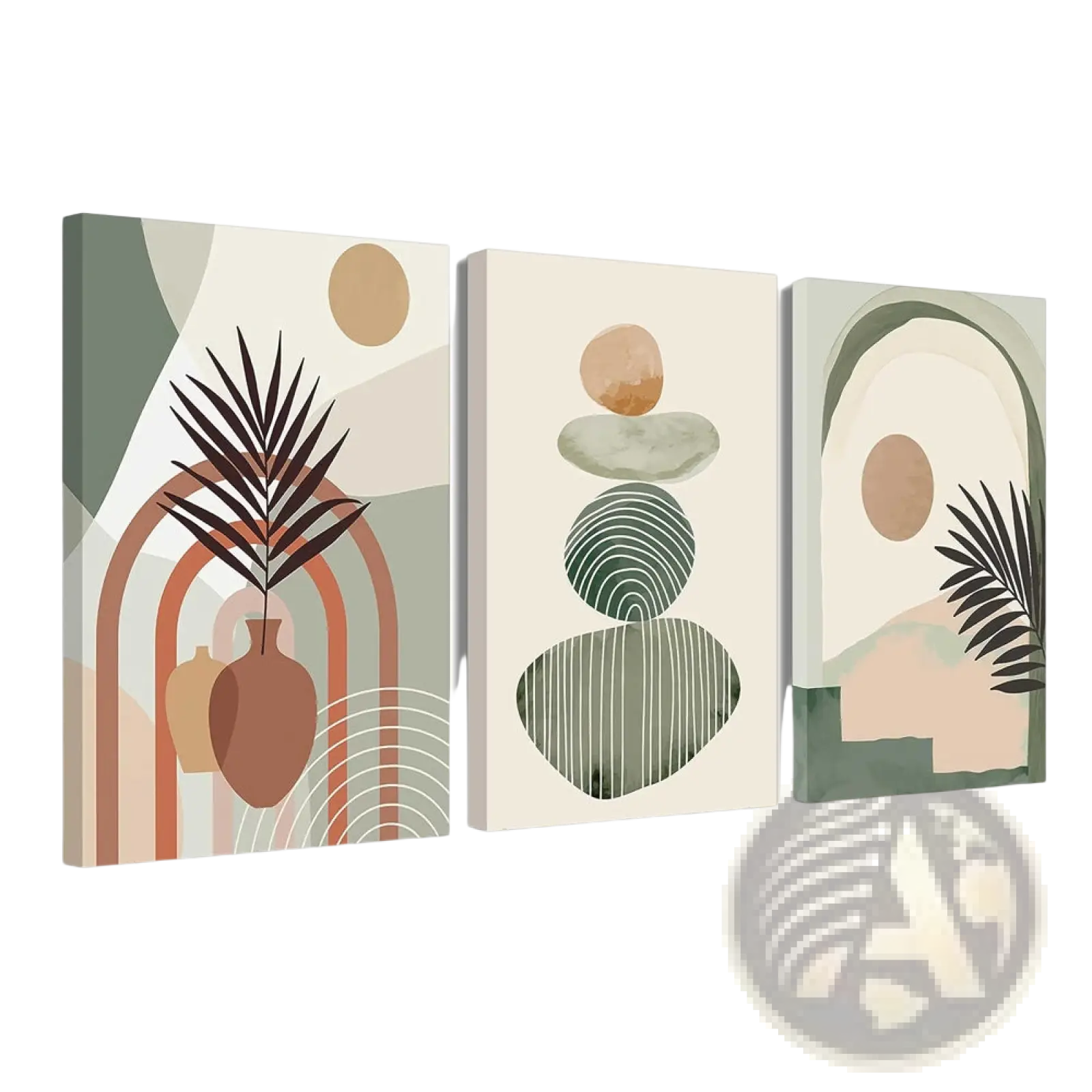 Set of three modern boho abstract botanical canvas prints with earthy tones and geometric shapes 12x16in