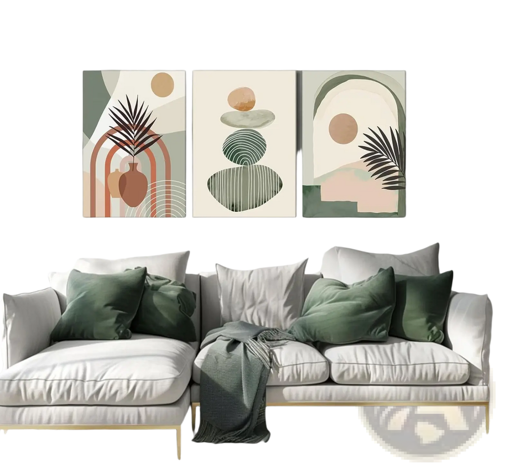 Boho abstract botanical canvas wall art set of three panels featuring earthy tones for modern home decor