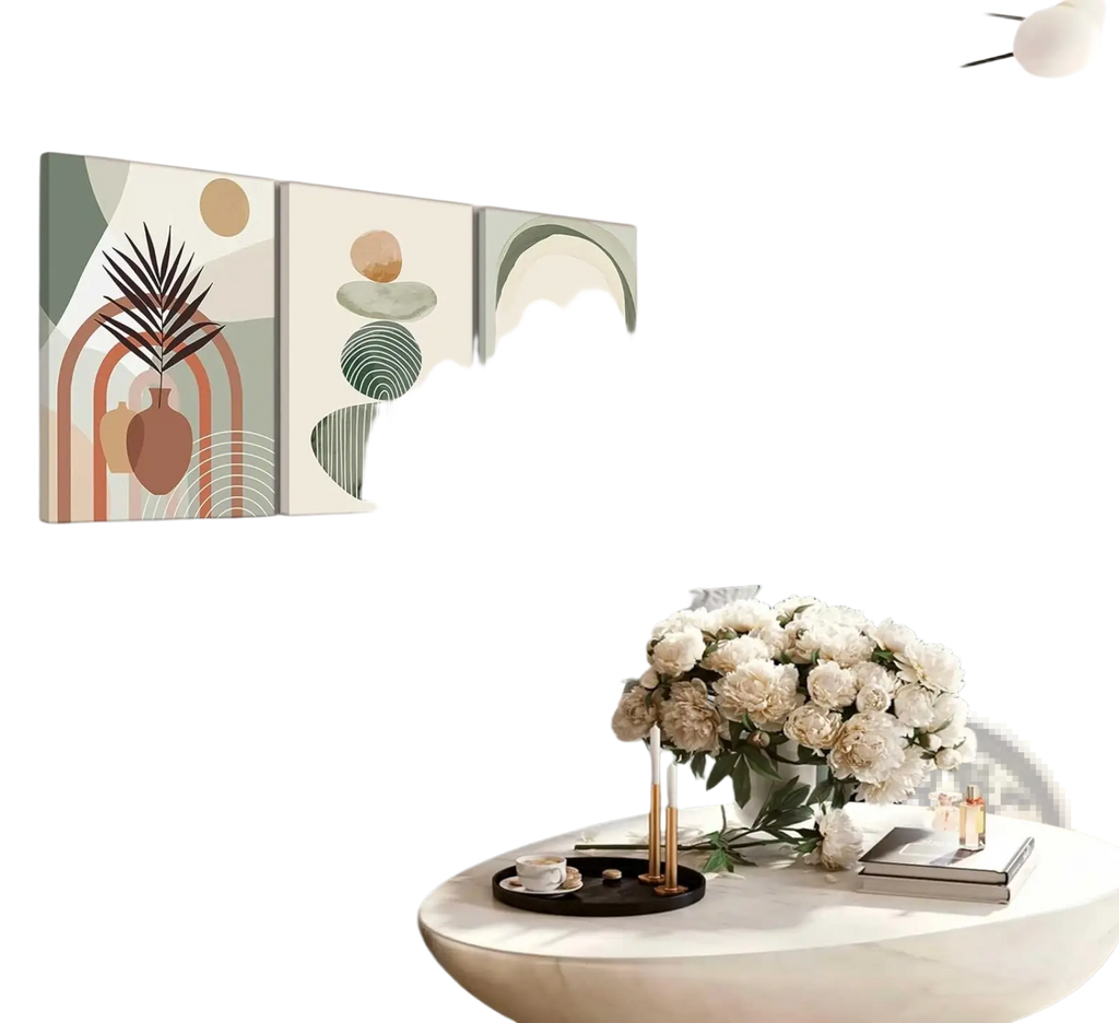 Set of three boho abstract botanical canvas wall art panels with earthy tones and geometric plant motifs 12x16in
