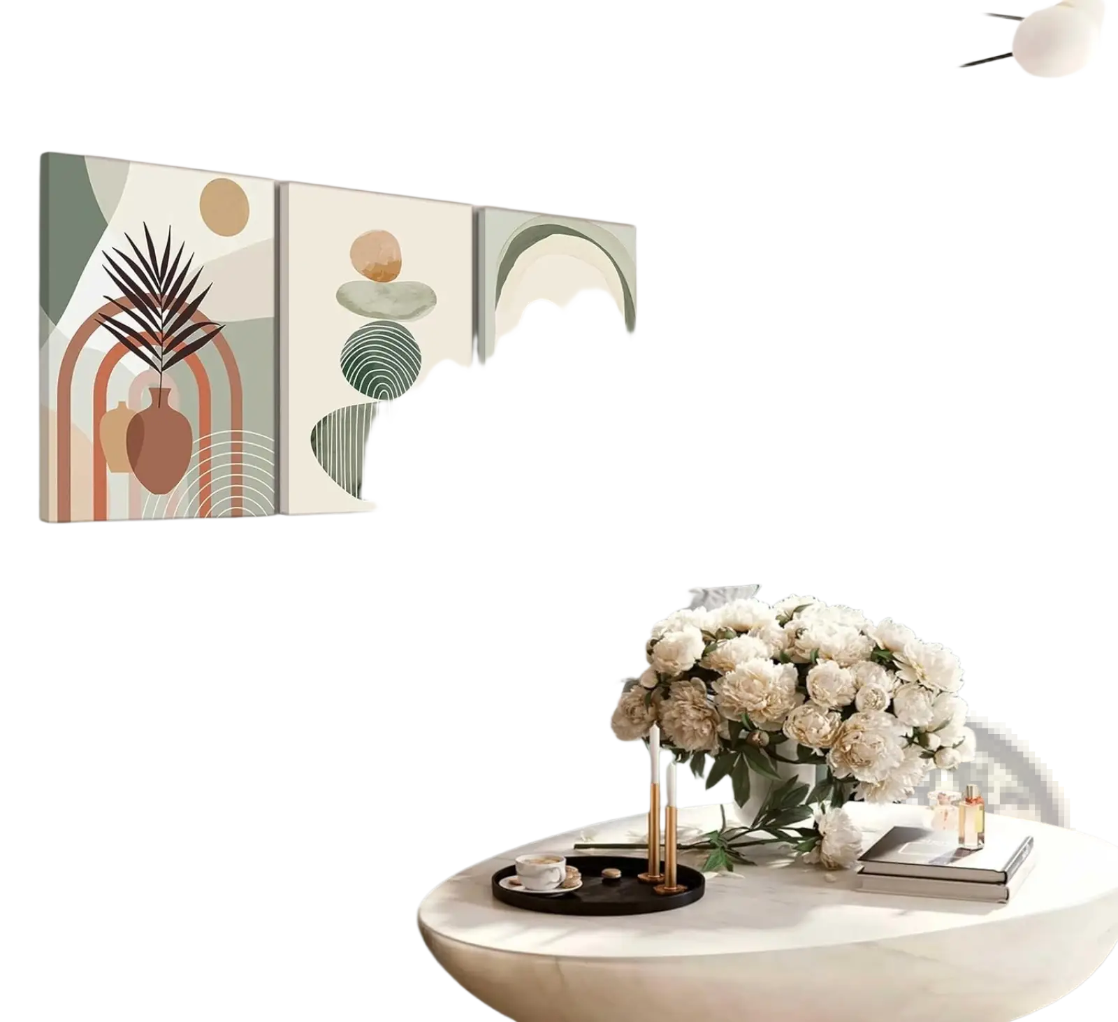 Set of three boho abstract botanical canvas wall art panels with earthy tones and geometric plant motifs 12x16in