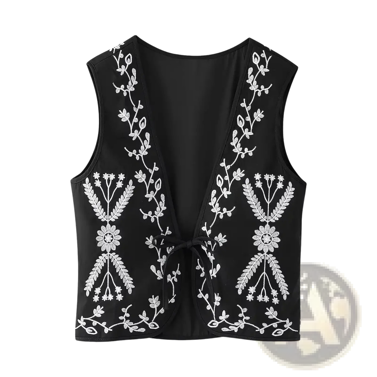 Black sleeveless boho floral embroidered quilted vest with intricate white embroidery and tied waist detail
