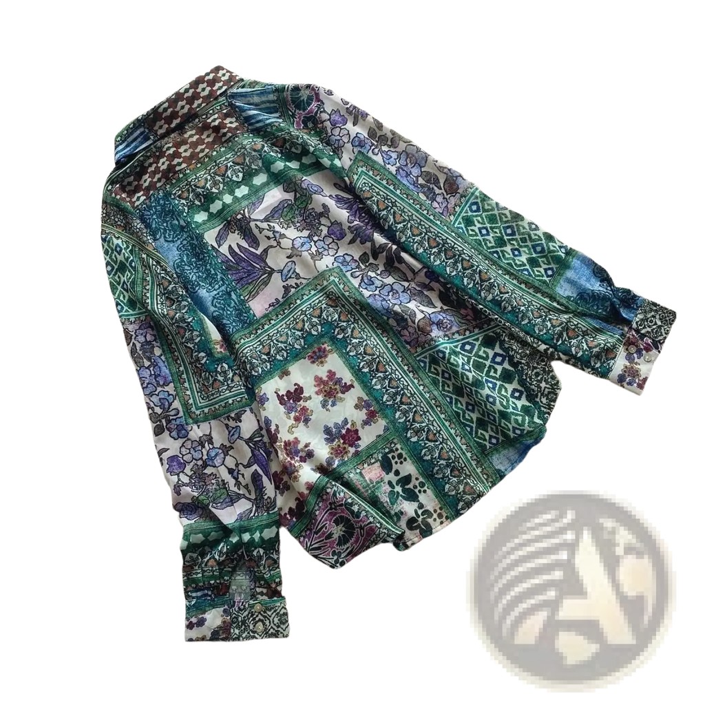 Boho floral patchwork chiffon blouse long-sleeved with green purple blue and white floral and geometric patterns