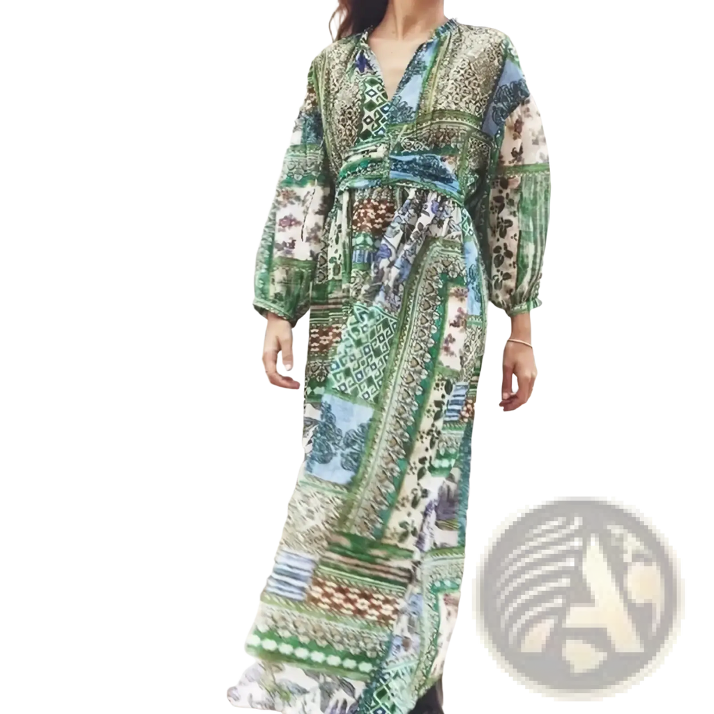A flowing long-sleeved maxi dress in vibrant green and blue patchwork floral chiffon fabric