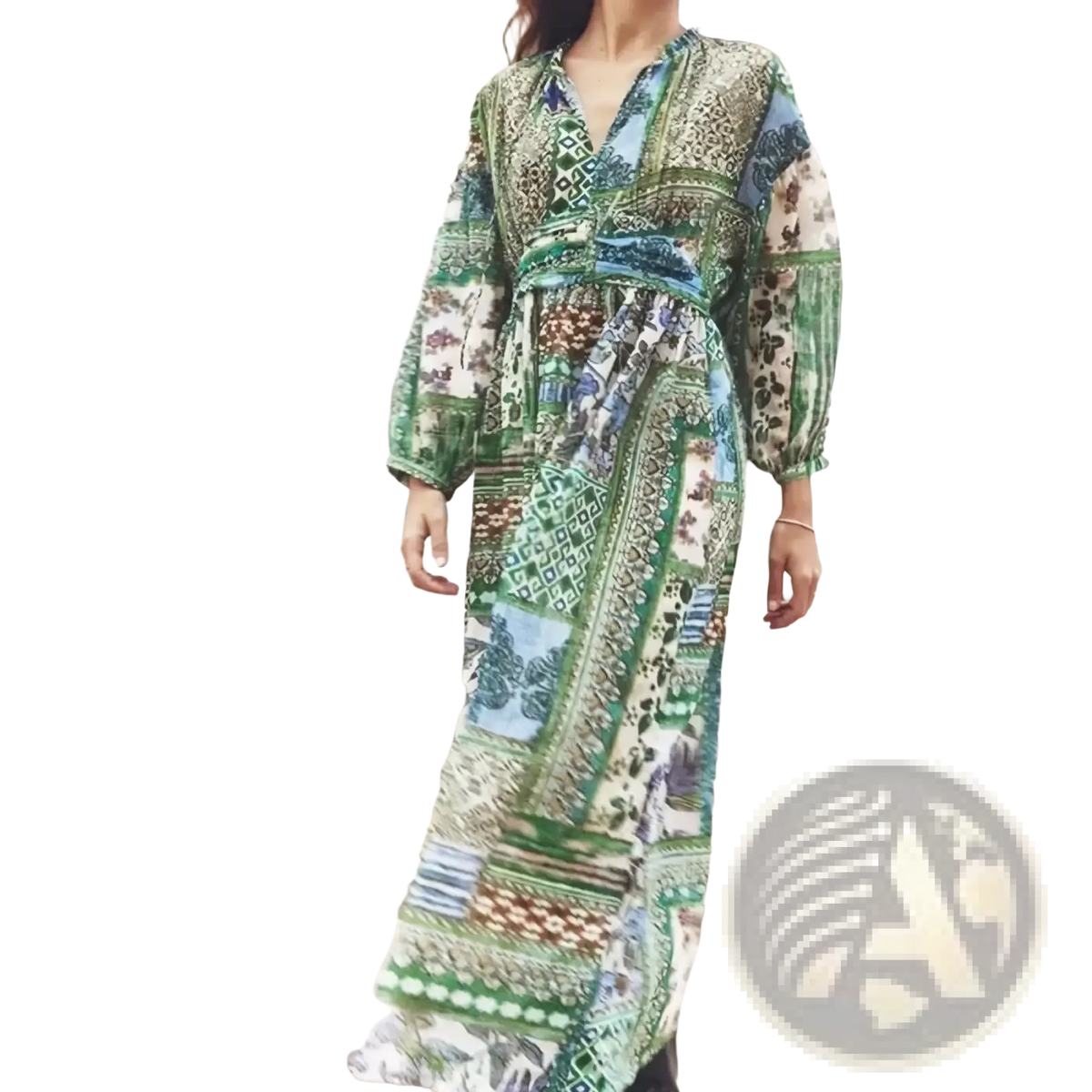 A flowing long-sleeved maxi dress in vibrant green and blue patchwork floral chiffon fabric