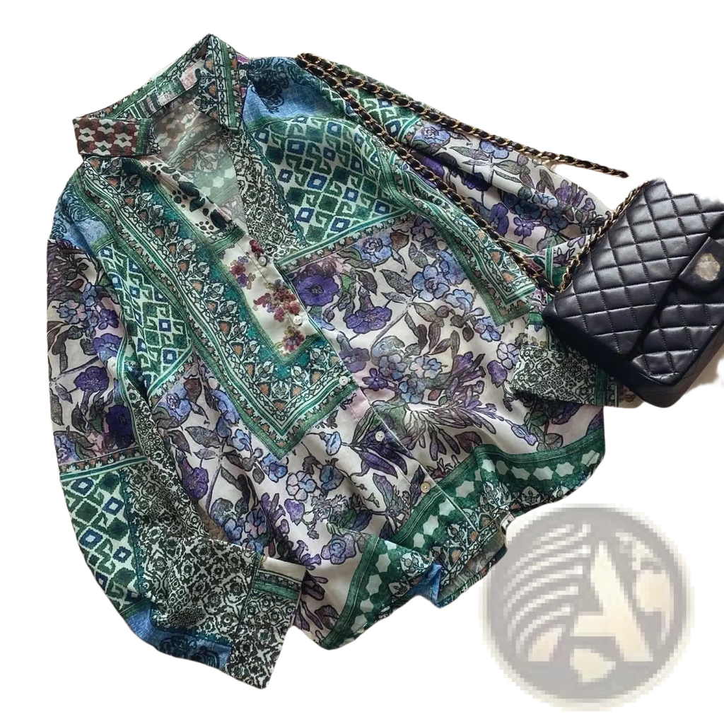 Boho floral patchwork chiffon blouse with flowing long sleeves in green purple blue and white floral and geometric patterns