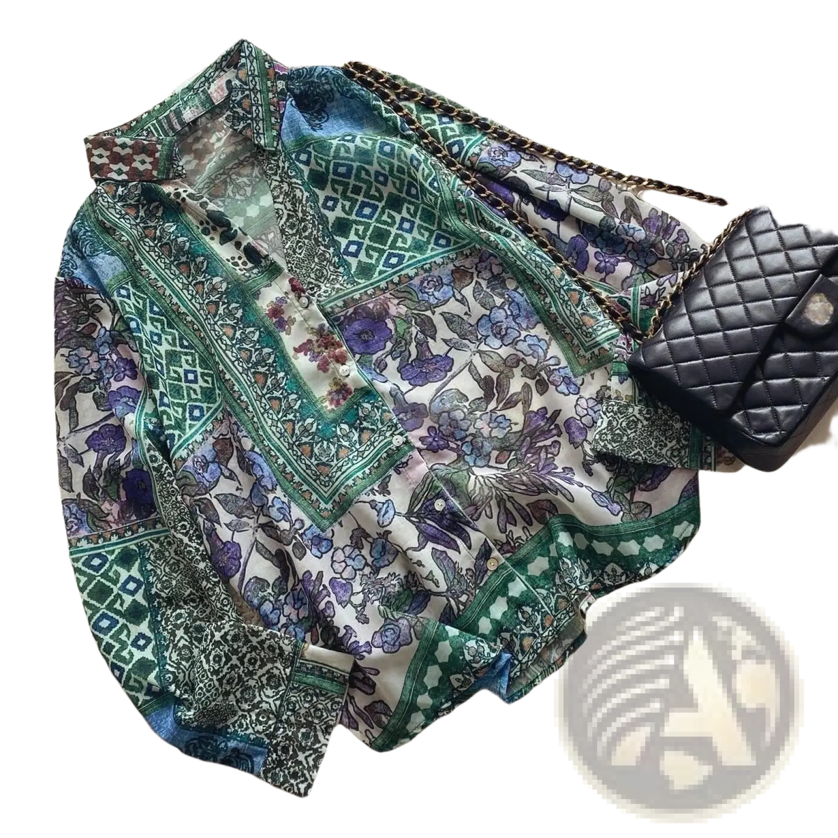 Boho floral patchwork chiffon blouse with flowing long sleeves in green purple blue and white floral and geometric patterns