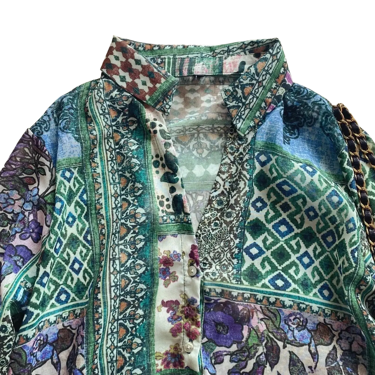 Boho floral patchwork chiffon blouse featuring vibrant green blue purple and cream geometric and floral patterns