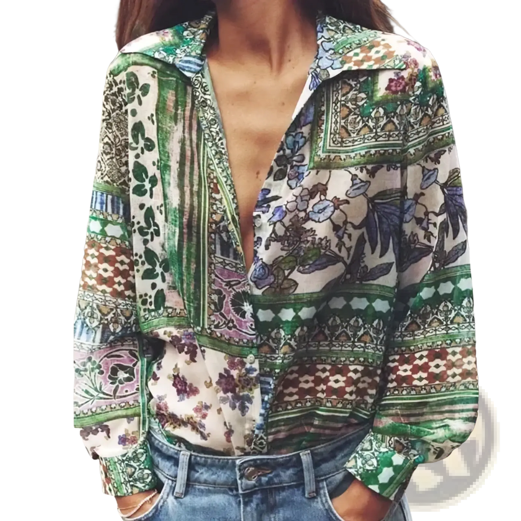 Boho floral patchwork chiffon blouse with vibrant green purple and beige floral and geometric patterns on lightweight fabric