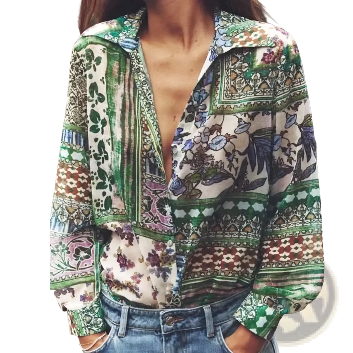 Boho floral patchwork chiffon blouse with vibrant green purple and beige floral and geometric patterns on lightweight fabric