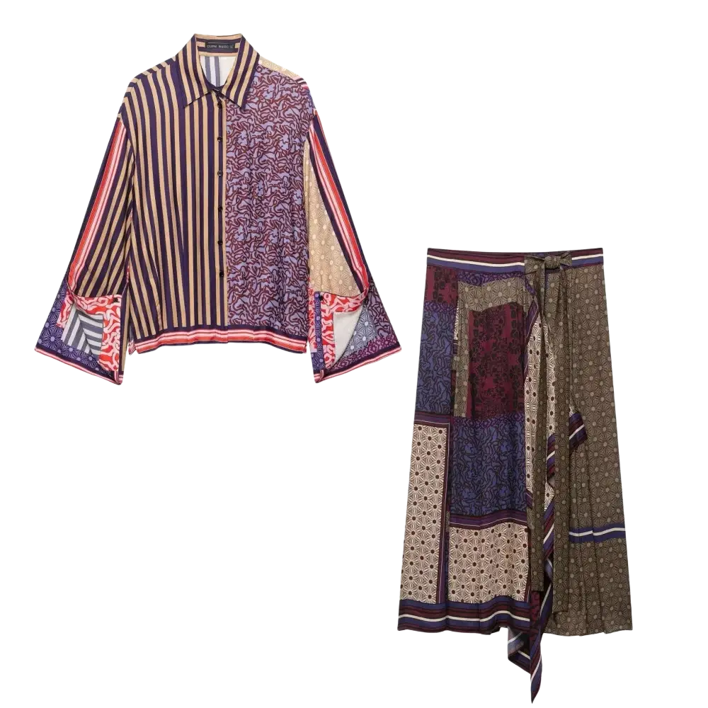 Boho geometric print two piece skirt set in patchwork silk with bold vertical stripes and floral patterns in purples and beiges