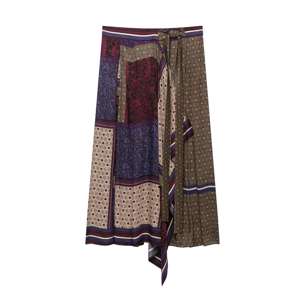 Boho geometric print two piece skirt set featuring a patchwork wrap skirt in burgundy blue and beige with floral patterns