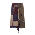 Boho geometric print two piece skirt set featuring a patchwork wrap skirt in burgundy blue and beige with floral patterns