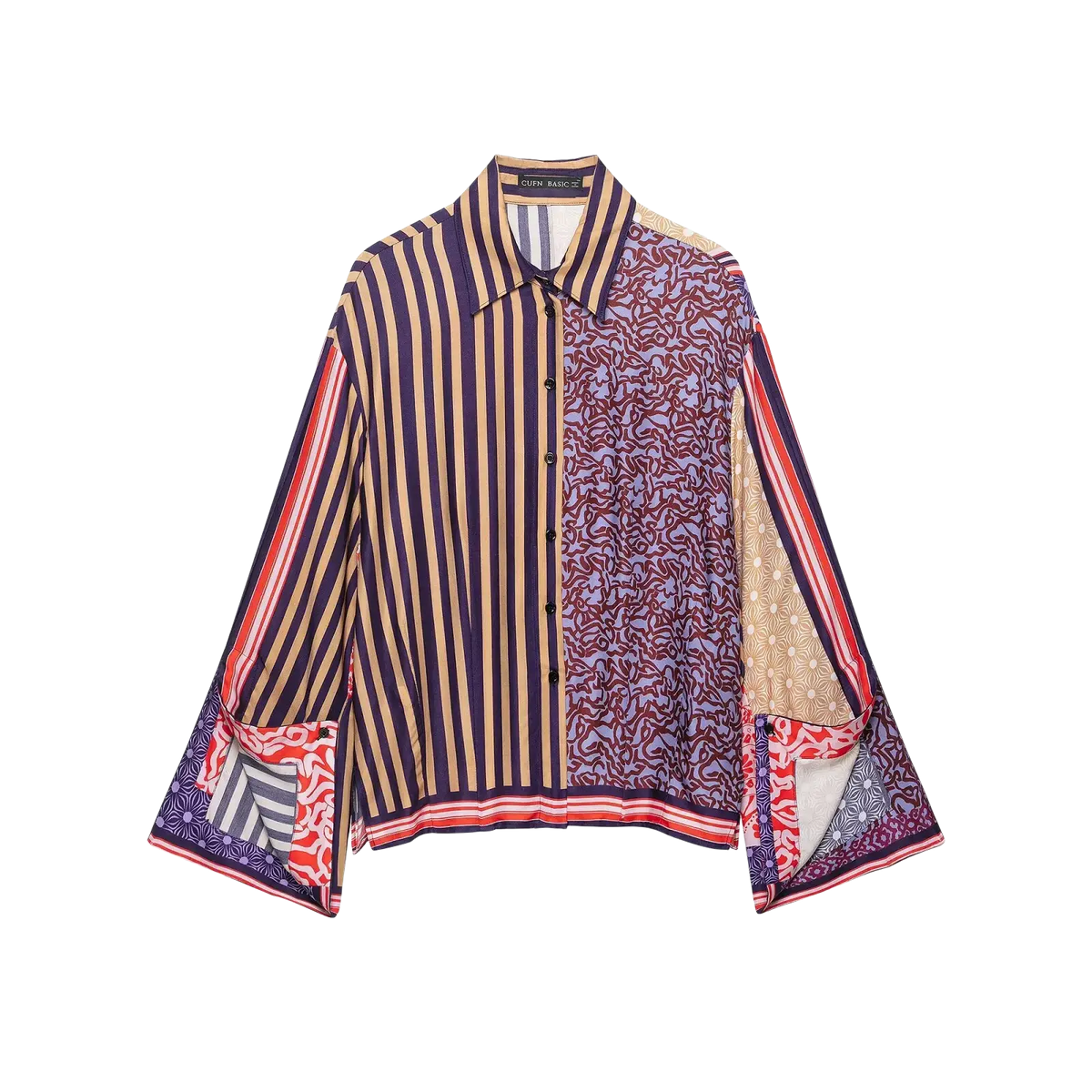 Boho geometric print two piece skirt set with a vibrant patchwork blouse featuring navy beige stripes and purple floral pattern