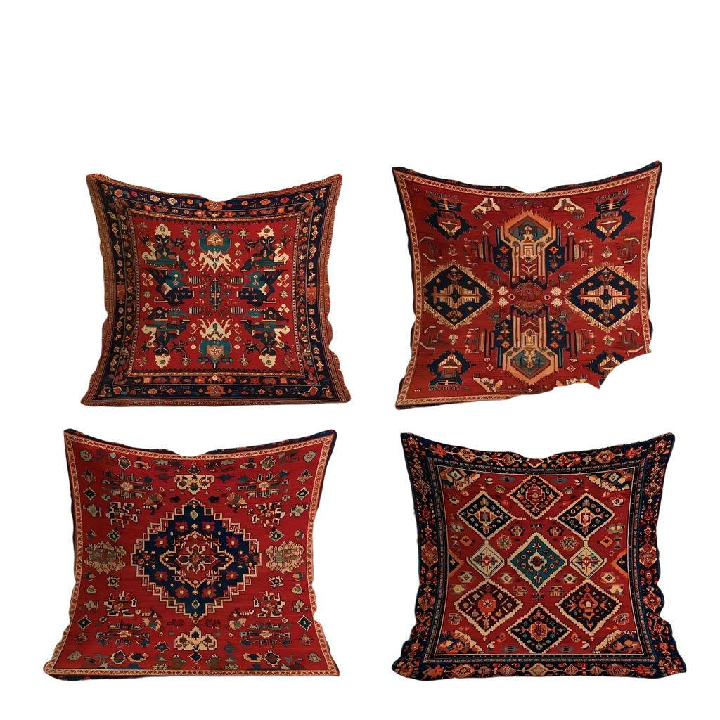 Four square boho geometric throw pillow covers with intricate red navy blue and gold patterns inspired by persian rugs