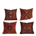 Four square boho geometric throw pillow covers with intricate red navy blue and gold patterns inspired by persian rugs