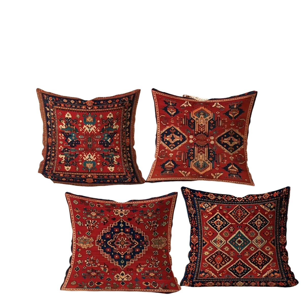 Boho geometric throw pillow covers set of 4 featuring red and navy blue intricate geometric patterned fabric
