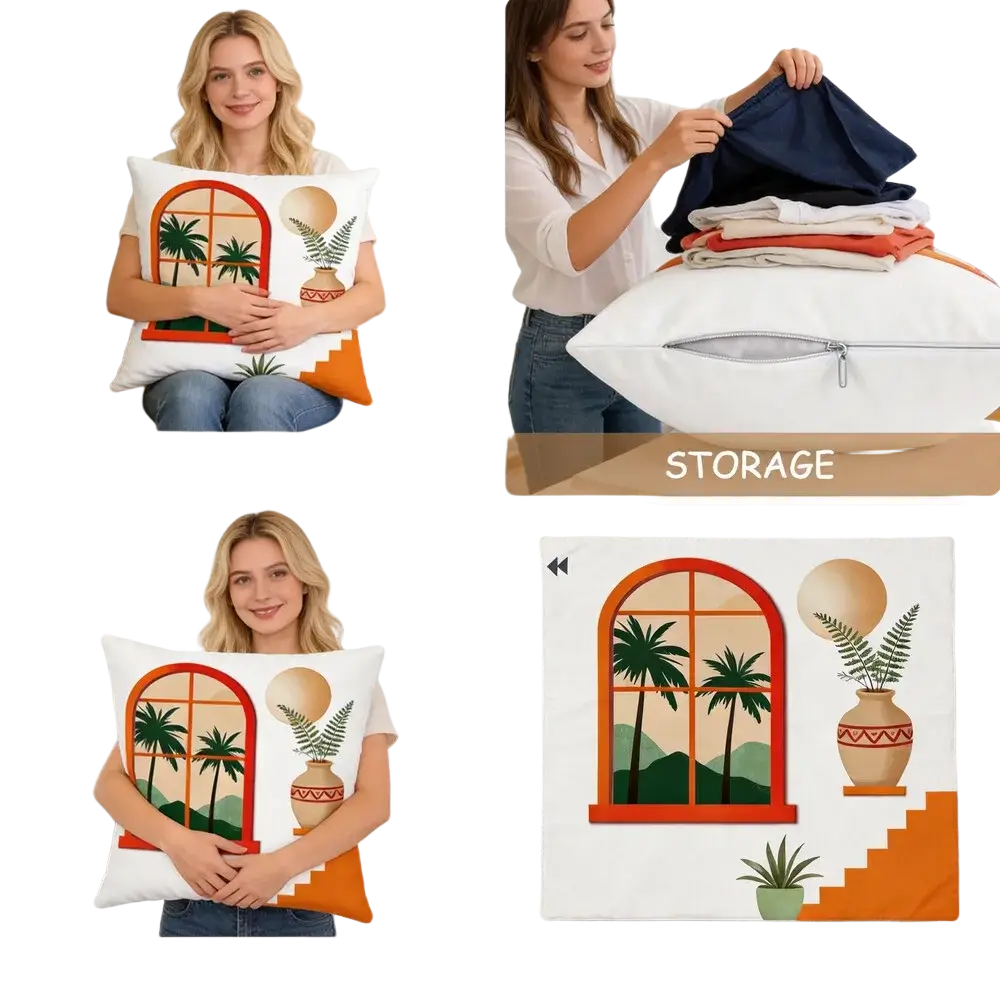 White throw pillow cover with vibrant orange arched window design featuring palm trees ferns and patterned vase