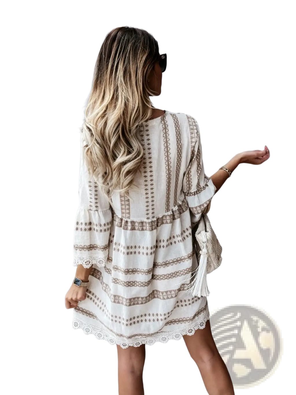 Beige and taupe striped boho geometric v-neck mini dress with lace trim detailing in soft lightweight fabric