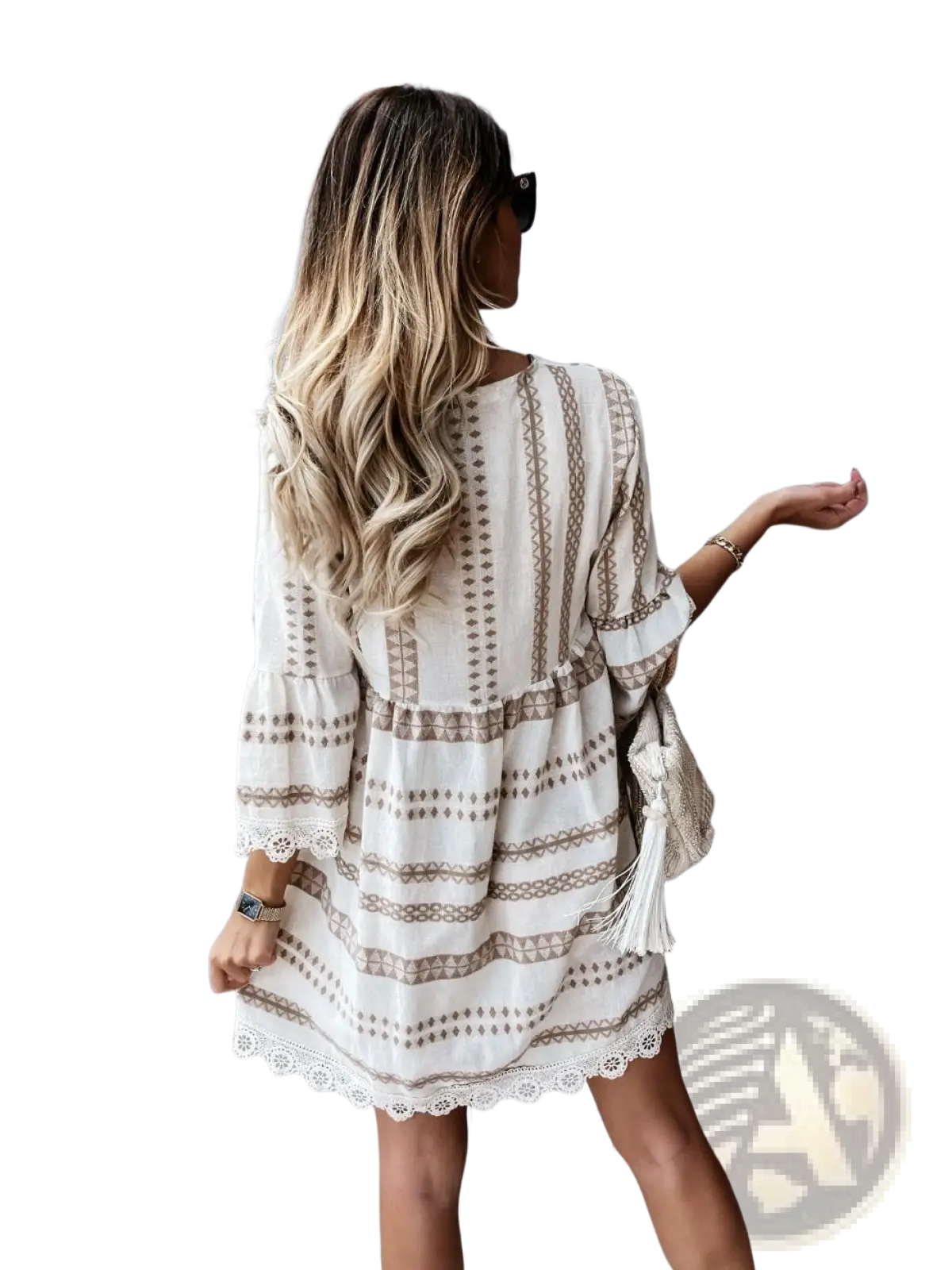 Beige and taupe striped boho geometric v-neck mini dress with lace trim detailing in soft lightweight fabric