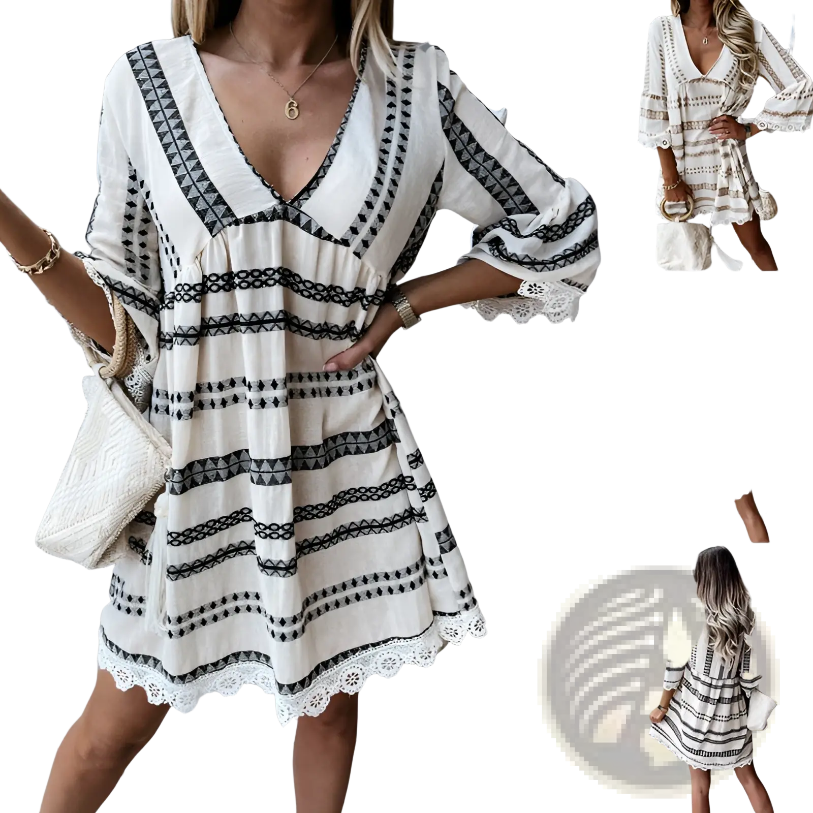 Boho geometric v-neck mini dress in white and black with lace trim at neckline sleeves and hem in bohemian style