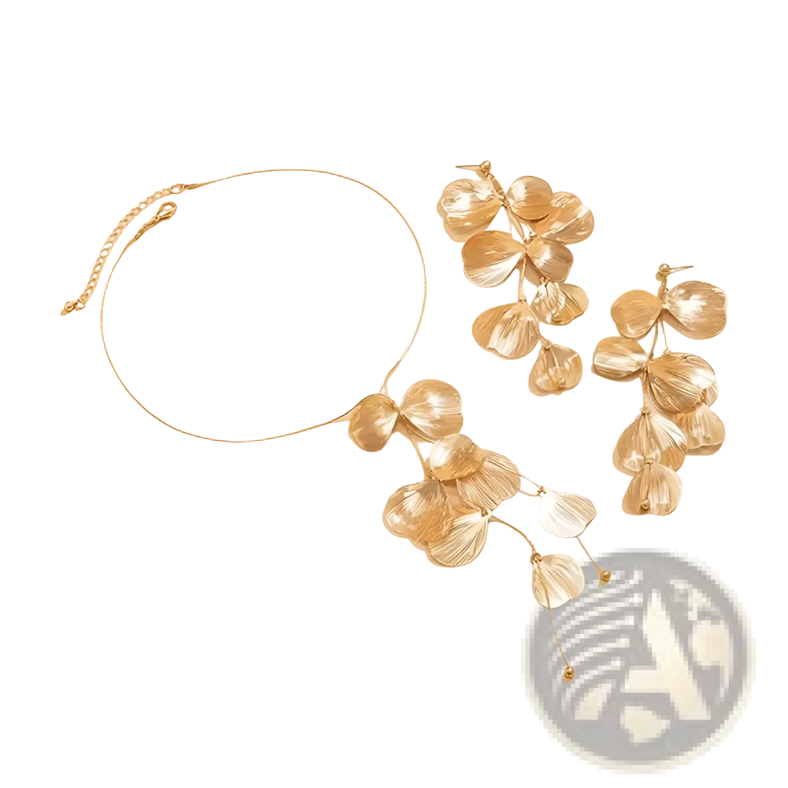Boho gold ginkgo leaf tassel necklace and earrings set with gold-toned layered petal designs and delicate details