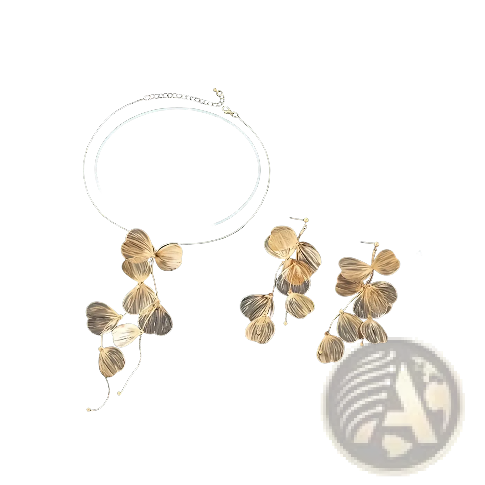 Boho gold ginkgo leaf tassel necklace and earring set with gold-toned delicate flower-shaped layered petal design