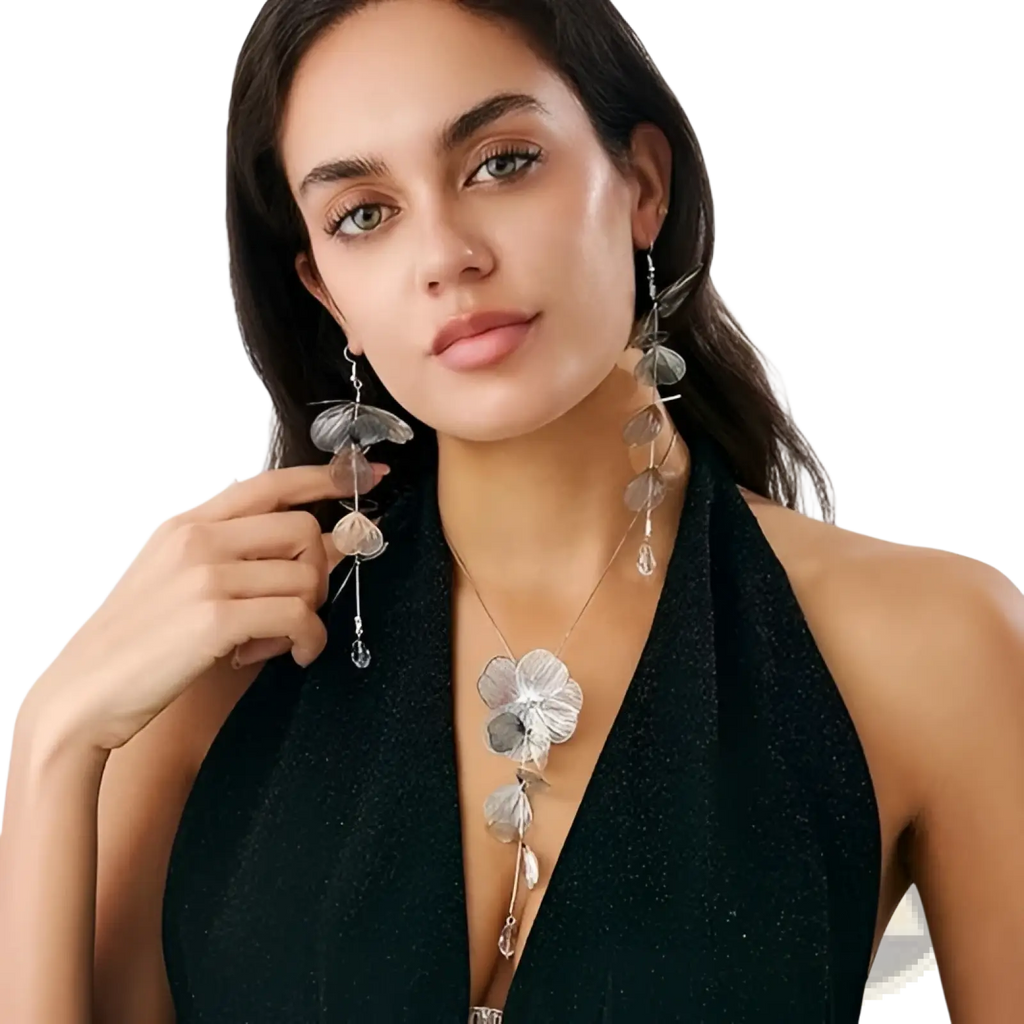 Silver floral pendant necklace with layered petal design and dangling crystal accents from boho gold ginkgo leaf tassel set