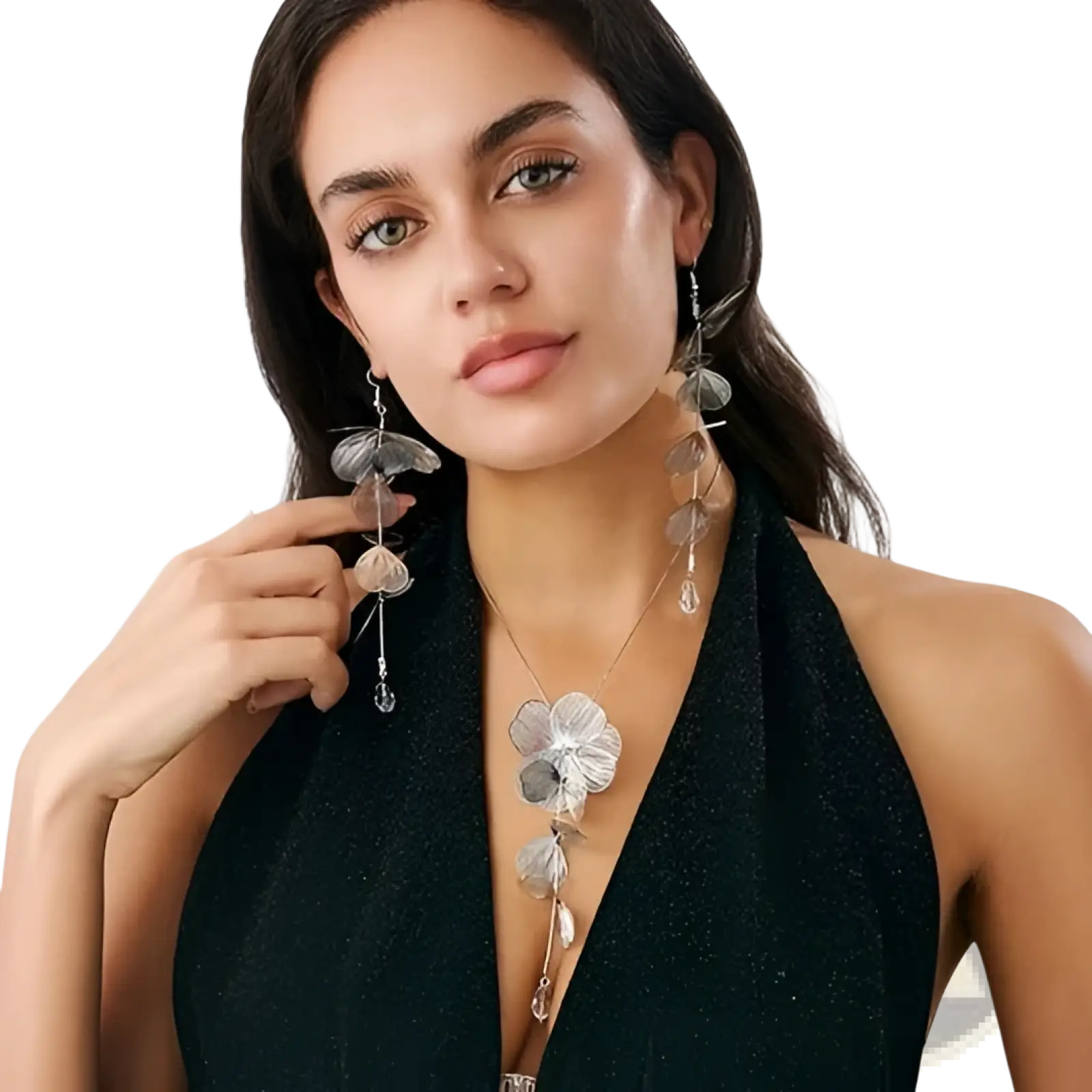 Silver floral pendant necklace with layered petal design and dangling crystal accents from boho gold ginkgo leaf tassel set