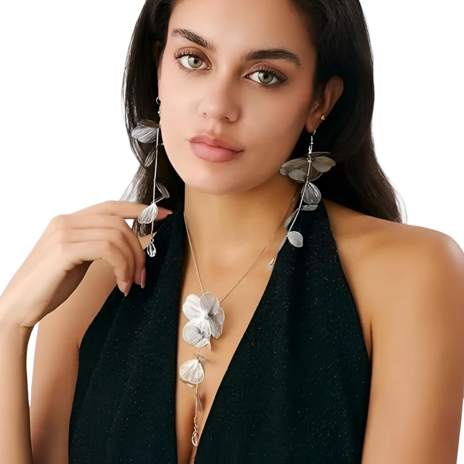 Boho gold ginkgo leaf tassel necklace with silver leaf pendant and dangling crystal accents in a jewelry set