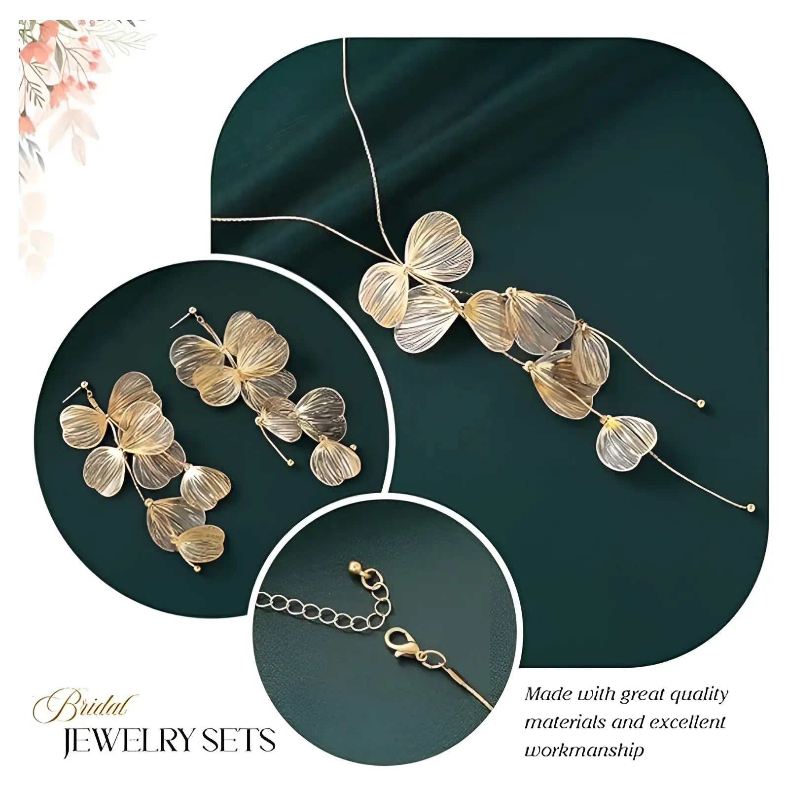 Gold-toned butterfly-themed bridal jewelry set with delicate layered petals and fine chain clasp for elegant wear