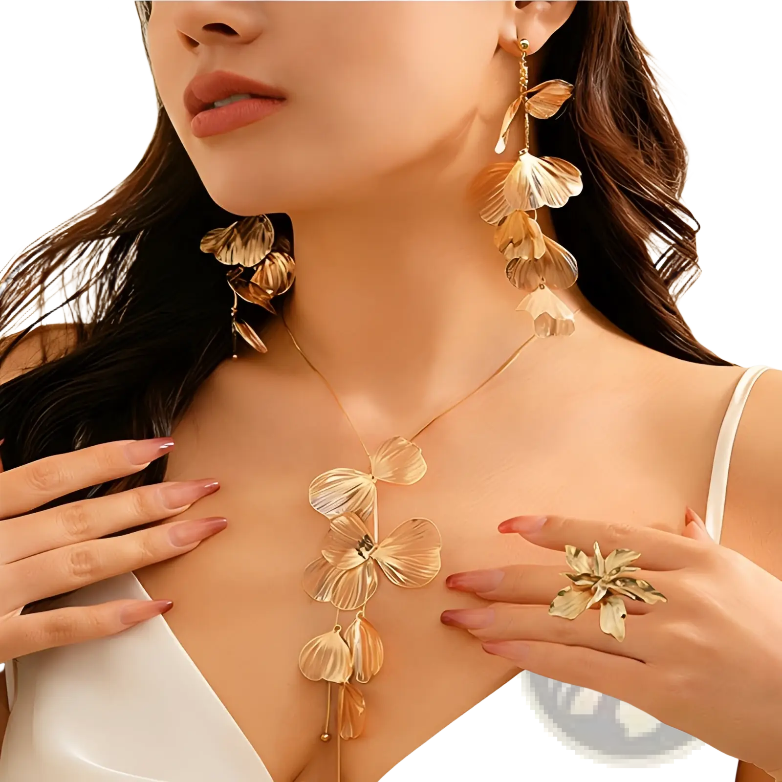 Boho gold ginkgo leaf tassel necklace and earring set featuring golden layered leaf design with delicate chain and cascading petals