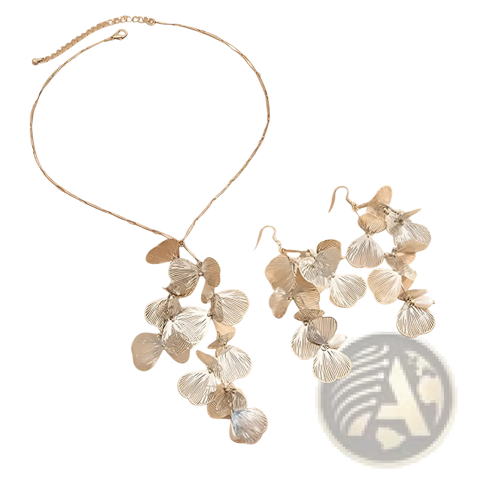 Silver metallic flower pendant necklace with layered petals and matching earrings in boho gold ginkgo leaf tassel set
