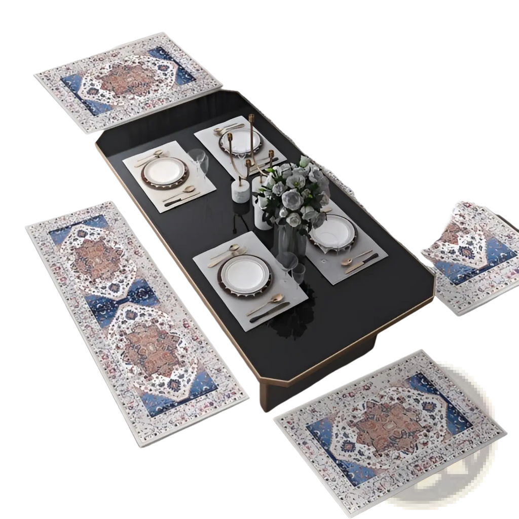 Set of four ornate blue and beige floral table mats arranged on a modern dining table from boho kitchen rug sets washable non slip runner