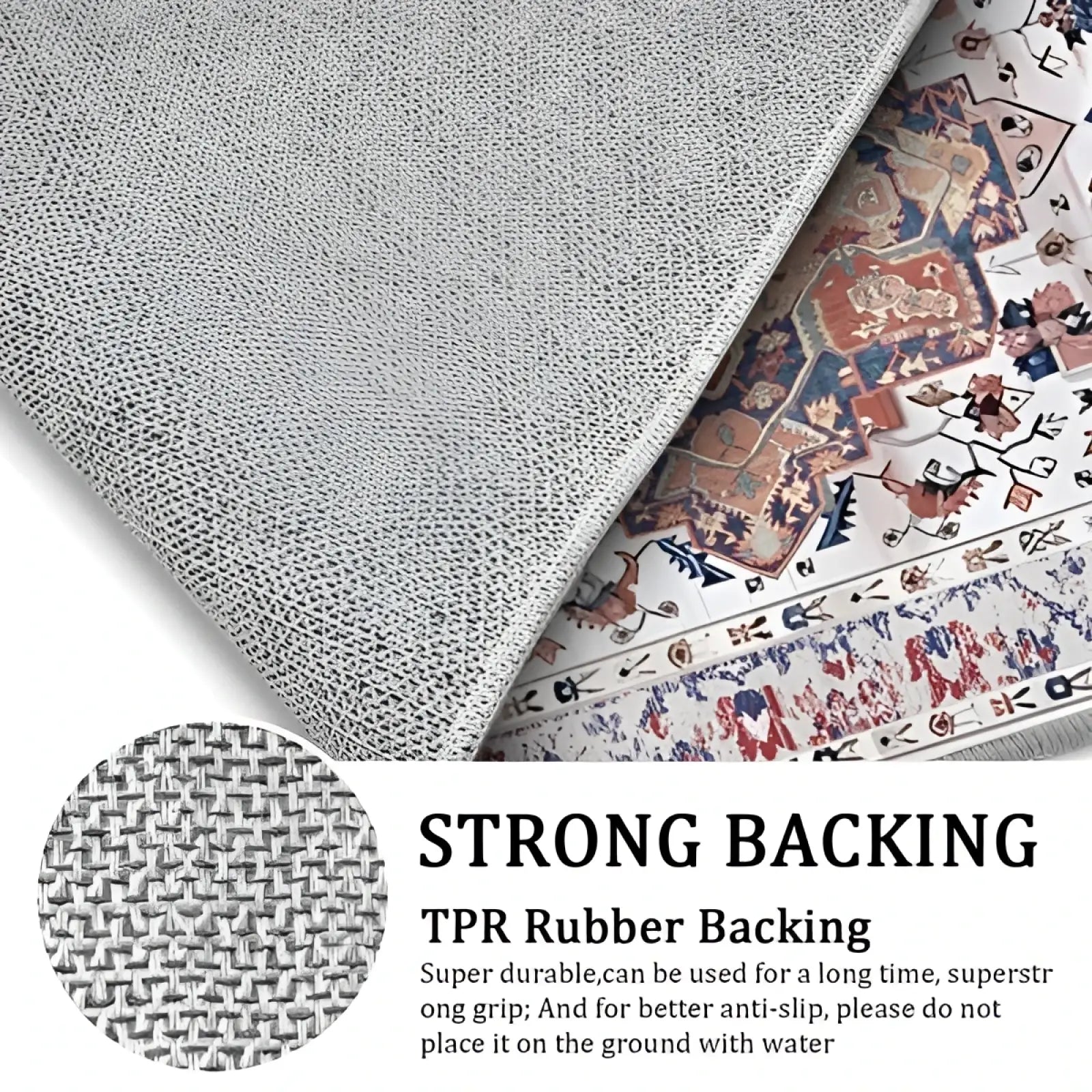 Gray textured boho kitchen rug set underside showing detailed non slip patterned backing in a washable 3 piece runner