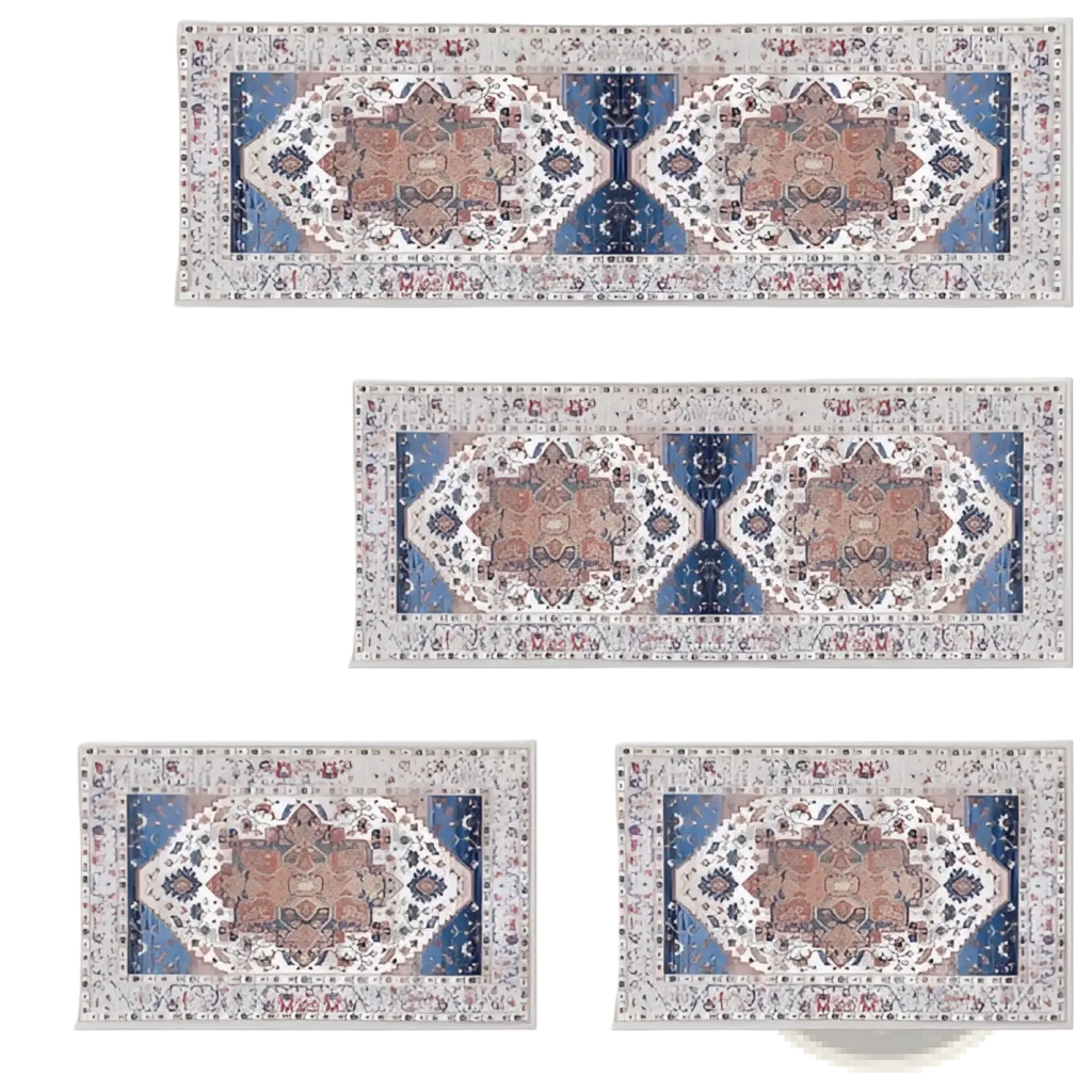 Vintage-inspired rectangular boho kitchen rug runner with intricate geometric floral patterns in muted blue beige dusty rose