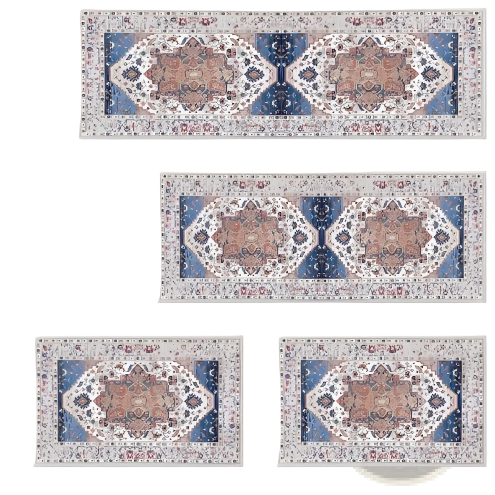 Vintage-inspired rectangular boho kitchen rug runner with intricate geometric floral patterns in muted blue beige dusty rose