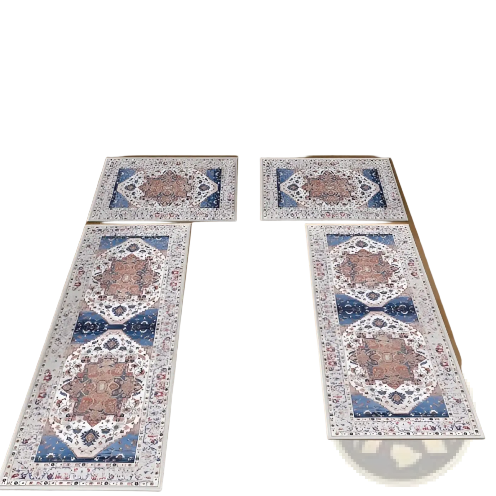 Set of four elegant blue and beige patterned boho kitchen rugs with intricate mandala designs non slip and washable