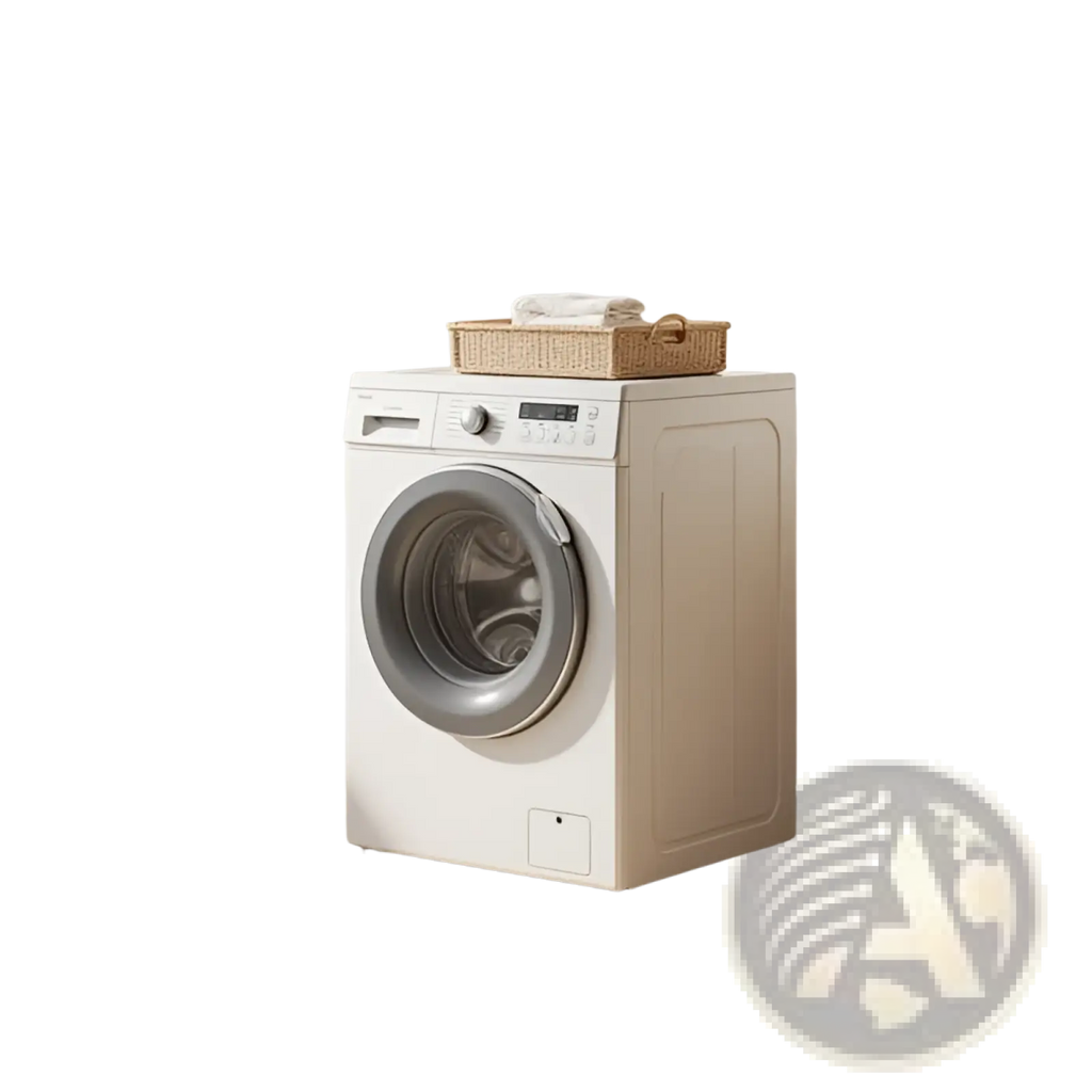 Cream-colored front-loading washing machine with silver door and digital panel featured in boho kitchen rug sets 3 piece washable runner