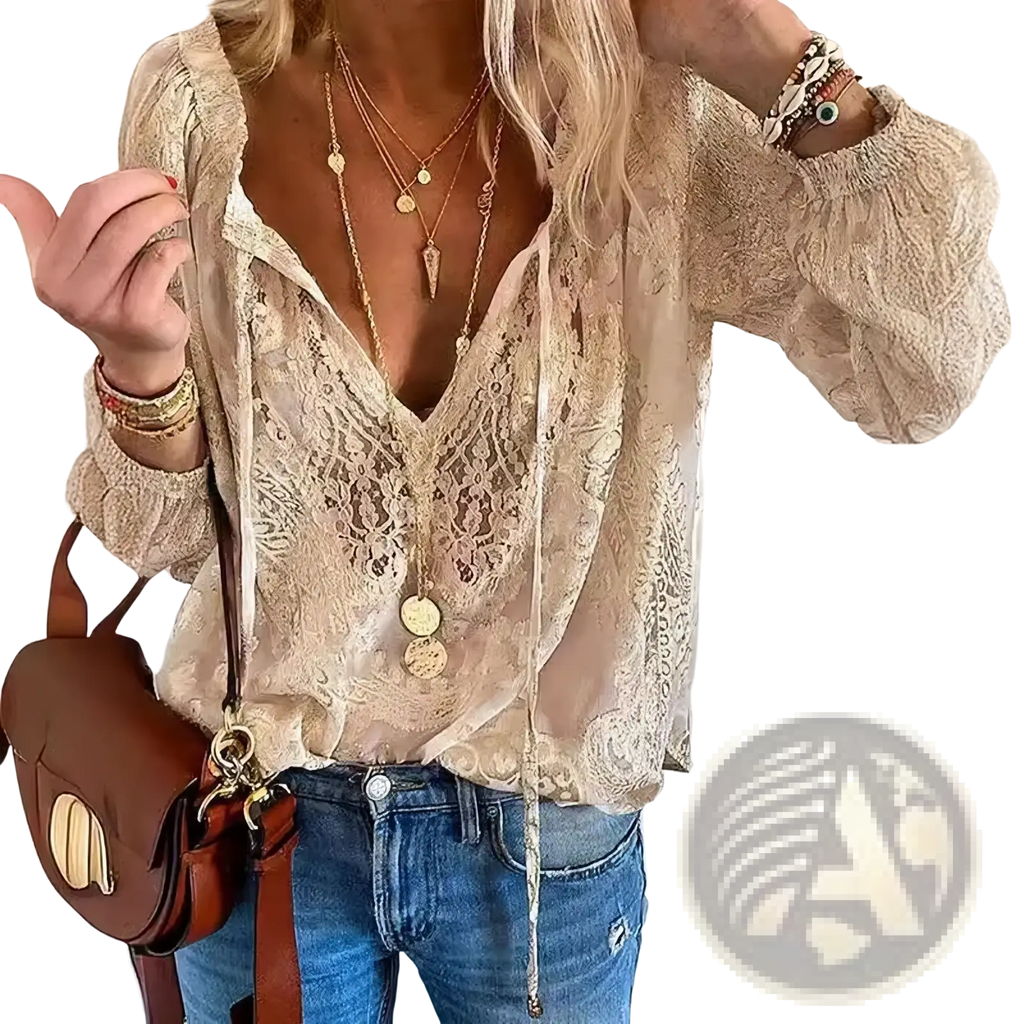 Beige boho lace blouse with long sleeves and deep v-neckline made of delicate lace fabric