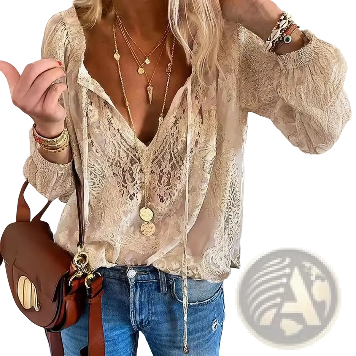 Beige boho lace blouse with long sleeves and deep v-neckline made of delicate lace fabric