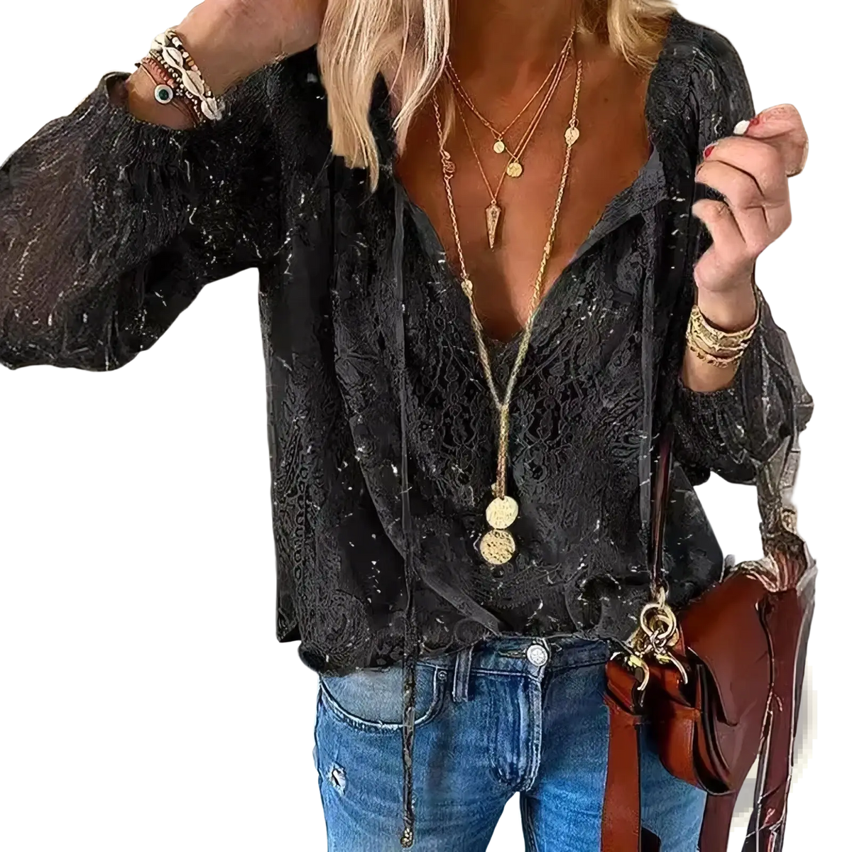 Black lace boho blouse with sheer long sleeves and deep v-neckline perfect for stylish casual wear