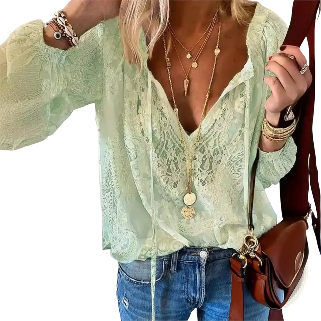 Light green boho lace blouse with long sleeves and deep v-neckline ideal for casual and bohemian styles