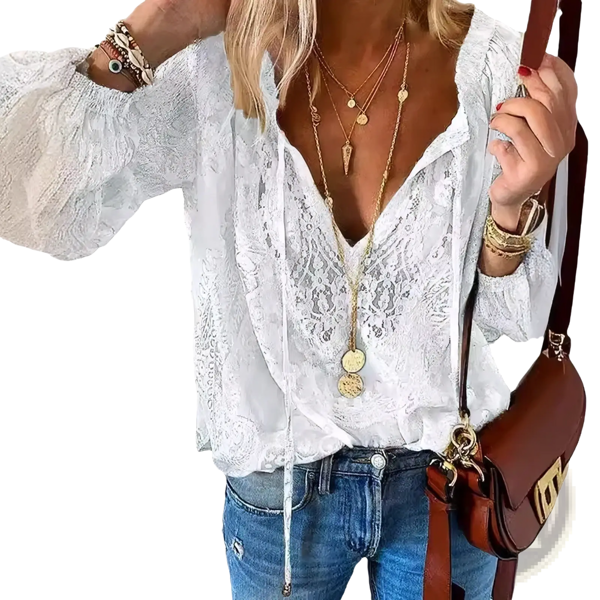 White lace blouse with long sleeves and deep v-neckline in boho style made of delicate lace fabric